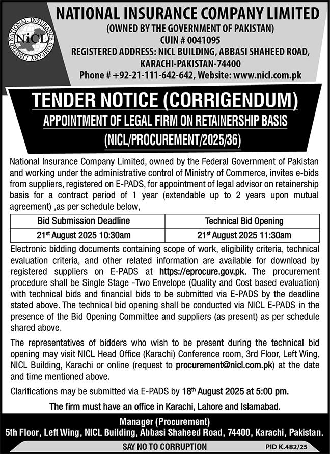 National Insurance Company Limited Karachi Tender Notice